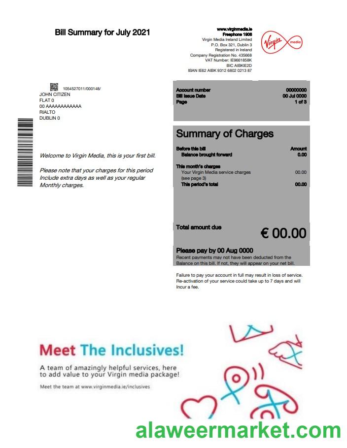 Ireland Virgin Media utility bill template in Word and PDF format, version 2